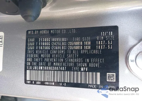 2019 Honda Cr-V Ex-L from USA, damaged, VIN JHLRW2H89KX007487